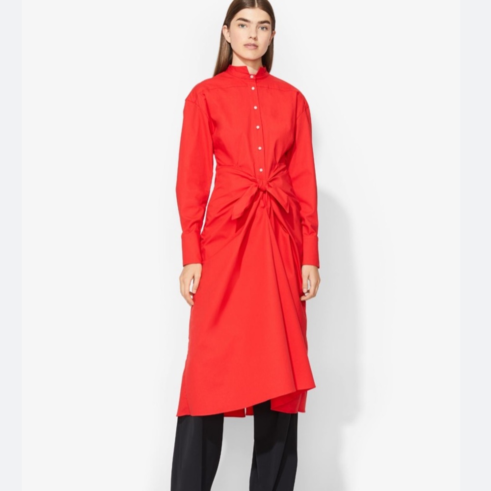 M2 Proenza Schouler Red Cotton Shirt Dress Midi Chic Knotted Waist Womens 2